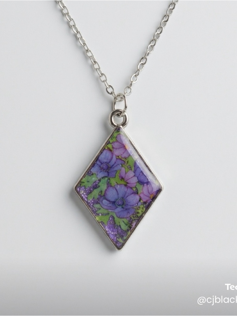 Handmade Silver Diamond Pendant Necklace with Purple Floral Inlay